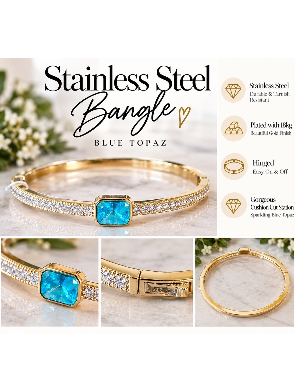 Stainless Steel Gold Plated Hinged Bangle with Blue Topaz